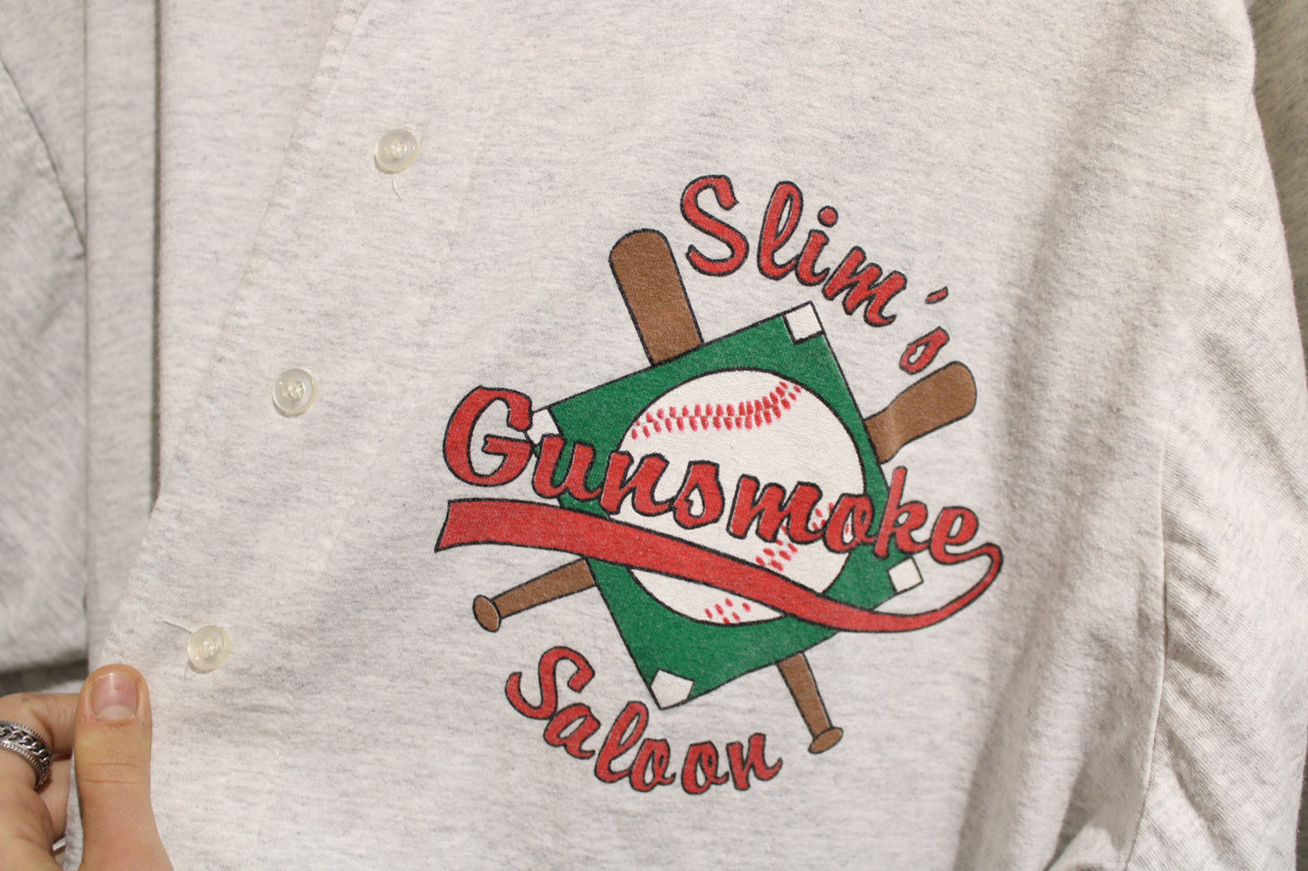 Slim's Gunsmoke Saloon Baseball Jersey | Vintage Graphic Button-Up Shirt | Sports Team Top