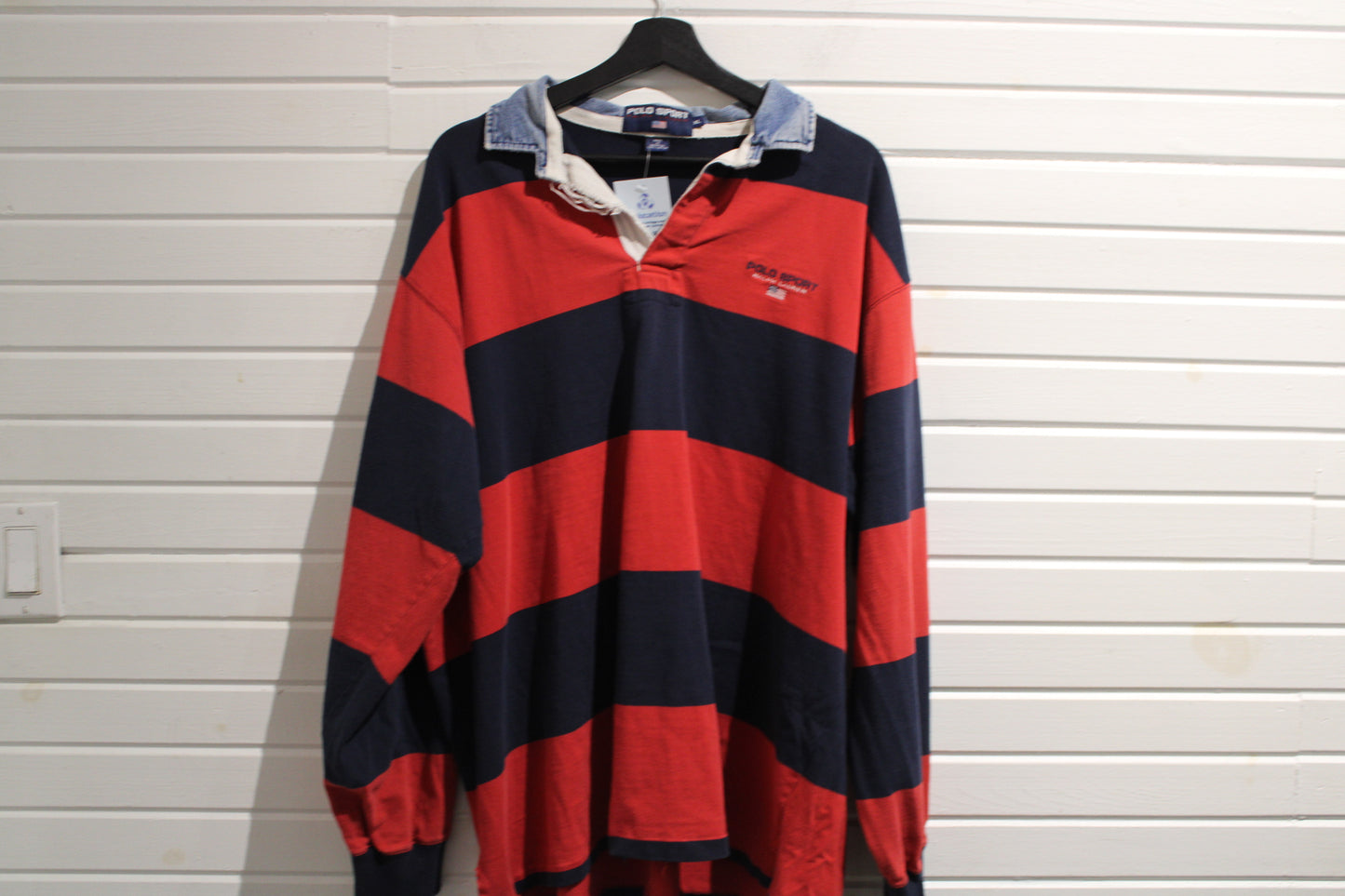 Polo Sport Ralph-Lauren Rugby Shirt | Vintage 1990s Denim Collar Block Stripe Top | Classic Sportswear