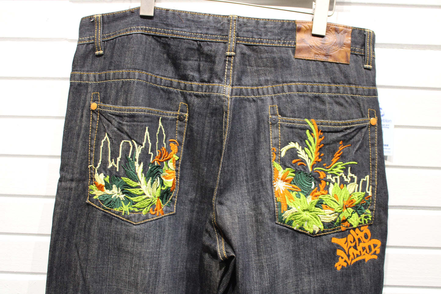 Ecko-Unlimited Jeans | Vintage 2000s Wide-Leg Graffiti Embroidered Denim Pants | Floral Streetwear Clothing