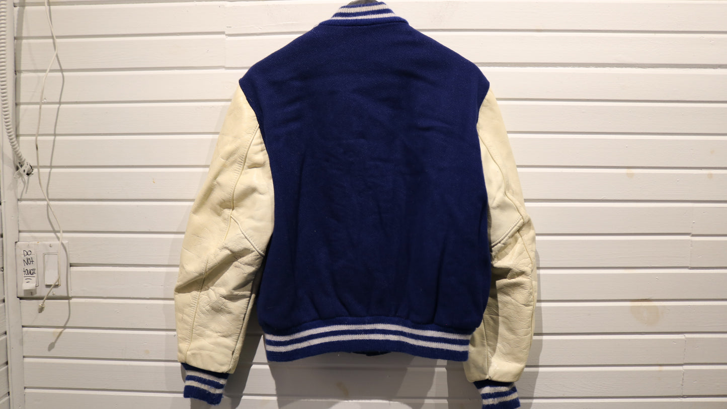 DeLong Varsity Jacket | Vintage 80s Blue Wool Leather Sleeve Letterman Coat | Classic Sportswear