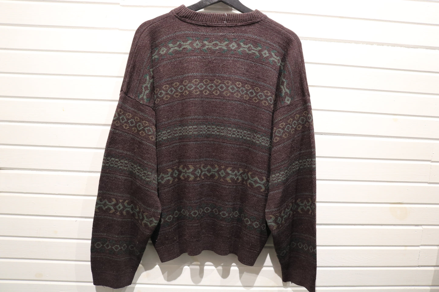 Vintage Patterned Knit Sweater | 1990s Abstract Jacquard Pullover | Brown Green Cozy Knitwear