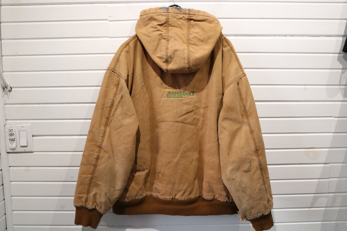 Cabela's Canvas Work Jacket | Vintage 2000s Hooded Tan Utility Zip-Up | AcreMax-1 Insect Protection Back Logo