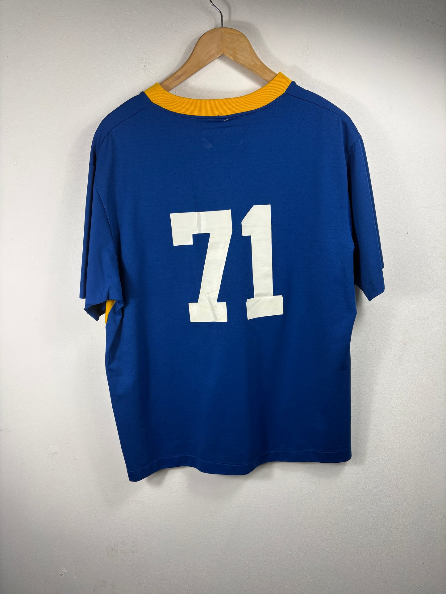 Stevenson Jersey Shirt | Vintage 1970s Swingster Blue-Yellow Athletic Top | Retro Sportswear