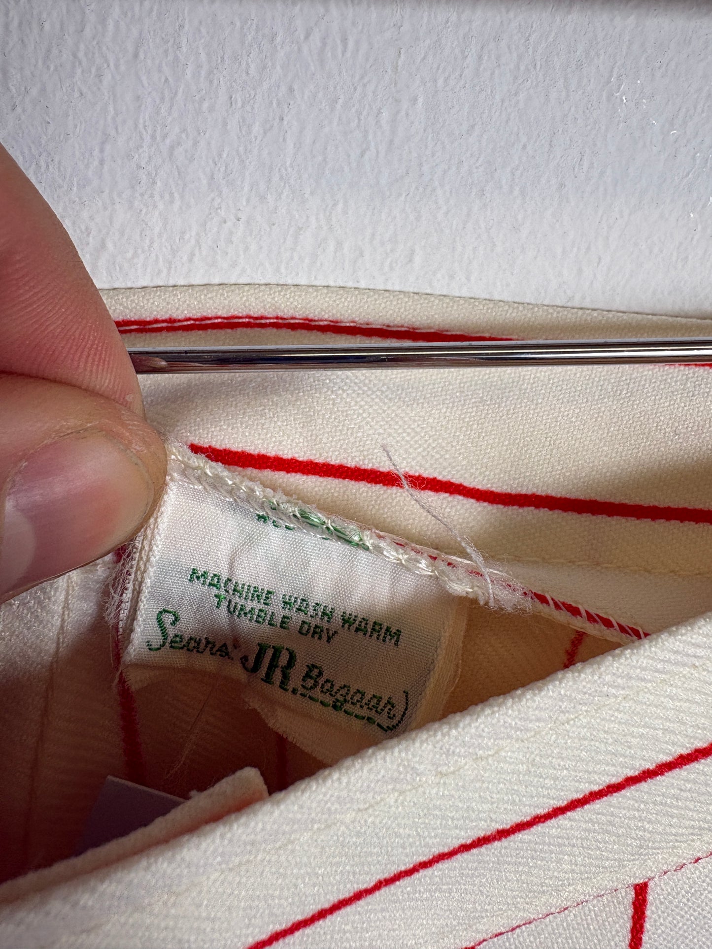 Sears JR. Bazaar Pants | Vintage 1970s Red Pinstripe Wide-Leg Trousers | Retro Statement Bottoms