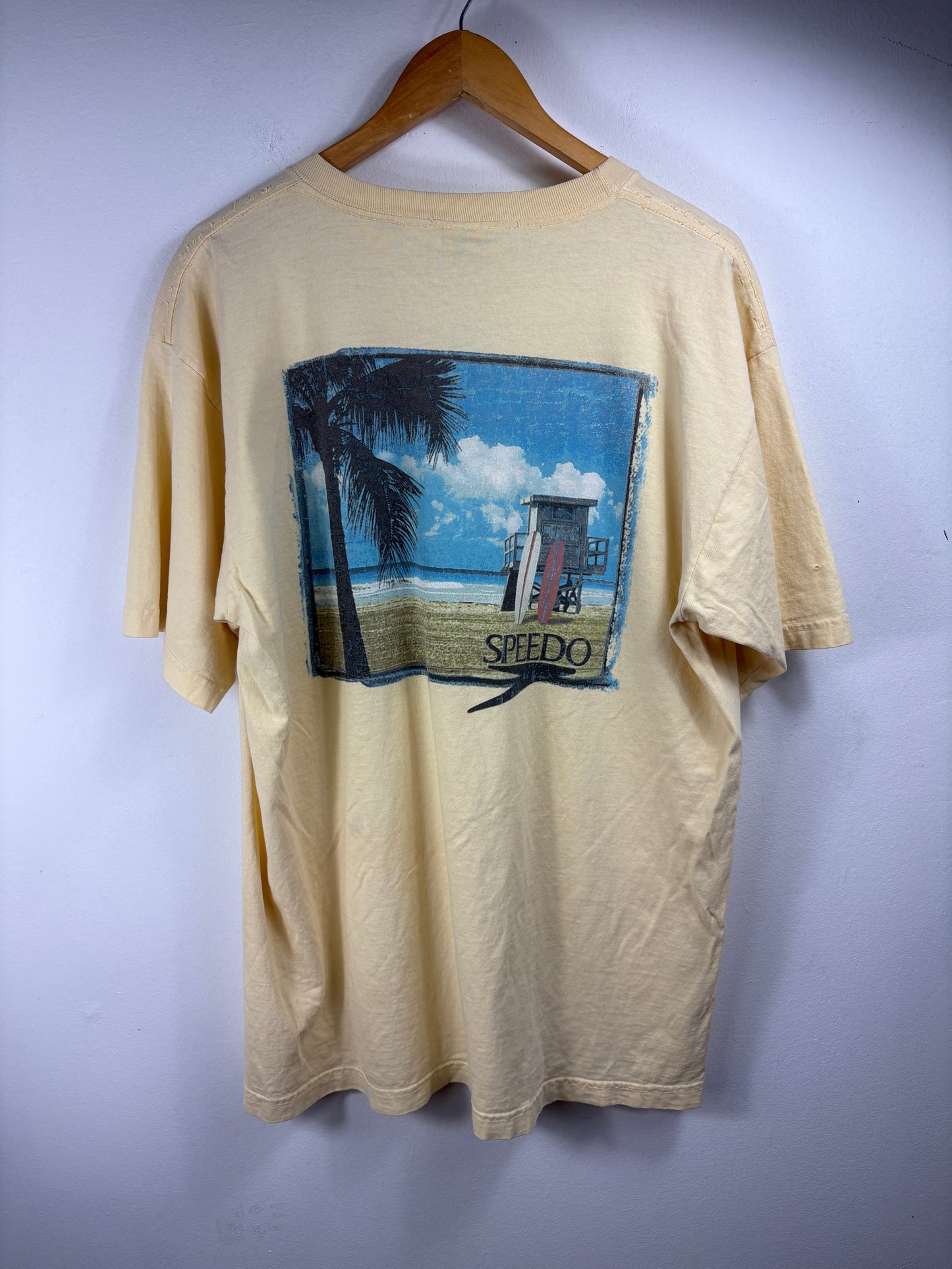 Speedo Beach Scene T-Shirt | Vintage 1990s Lifeguard Graphic Tee | Classic Swimwear Top