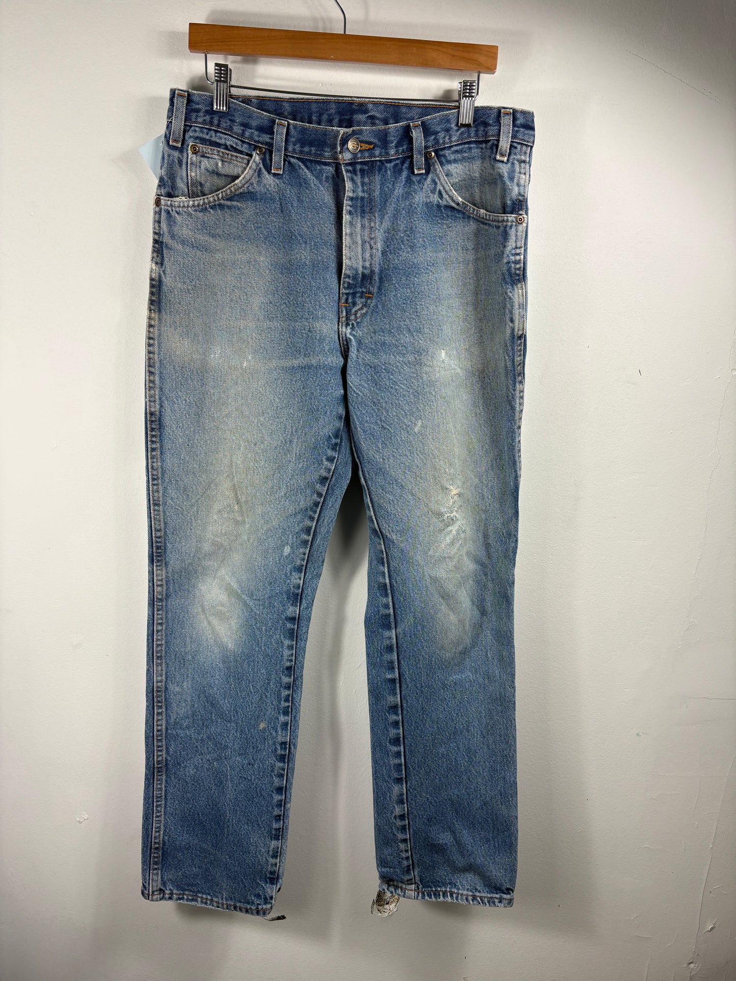 Dickies Blue Jeans | Vintage Faded Workwear Denim Pants | Distressed Hem Straight Fit