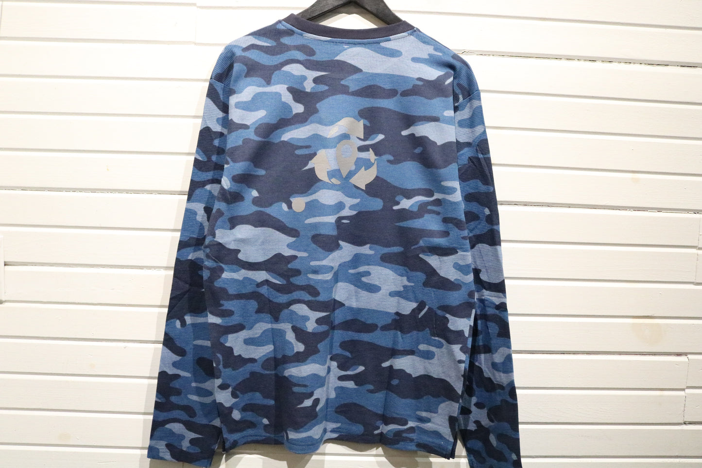 Hunting Dept Camo Long Sleeve Shirt | Vintage Blue Camouflage Thermal Top | Outdoor Sportswear