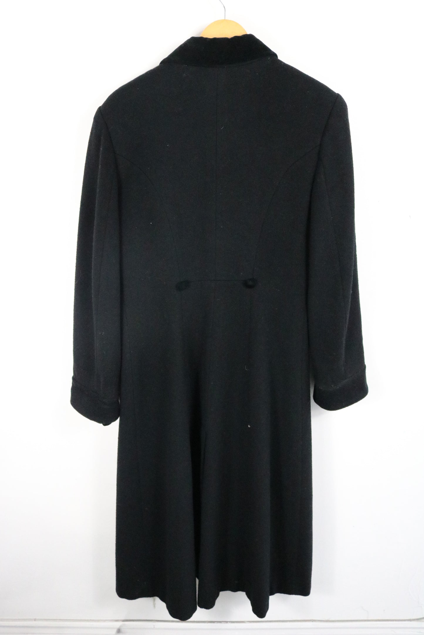 Halston Coat | Vintage Black Velvet-Collar Long Coat | Classic Outerwear