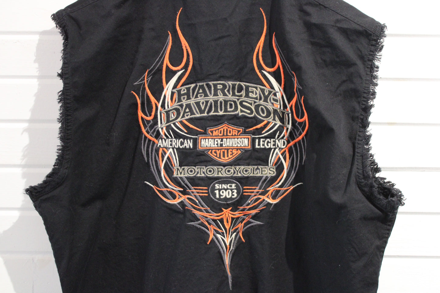 Harley-Davidson Sleeveless Shirt | Vintage Black Frayed Armhole Button-Up | Motorcycle Flame Graphic Biker Vest