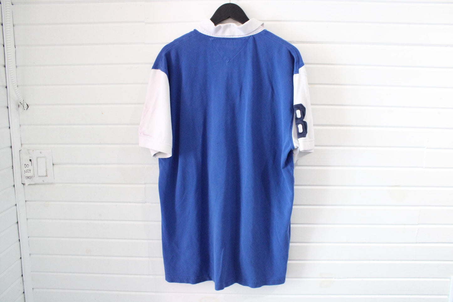 Tommy-Hilfiger Rugby Shirt | Vintage 90s Preppy Striped Polo Rugby Top | Classic Blue-White Short Sleeve