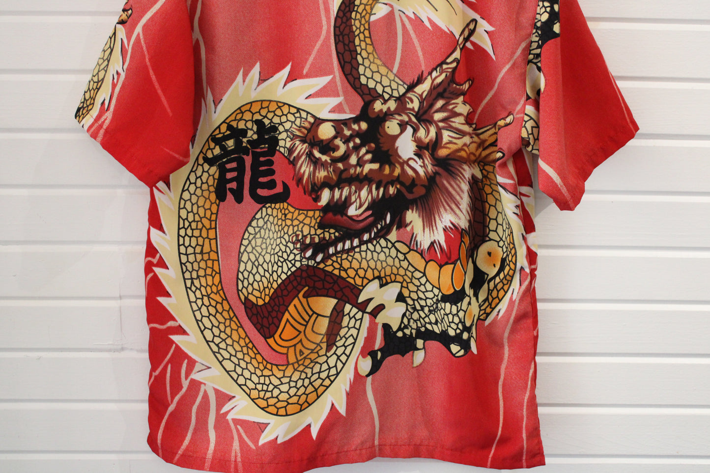 Urban-Rags Dragon Shirt | Vintage 90s Asian Art Graphic Short Sleeve Button Up | Red Statement Top