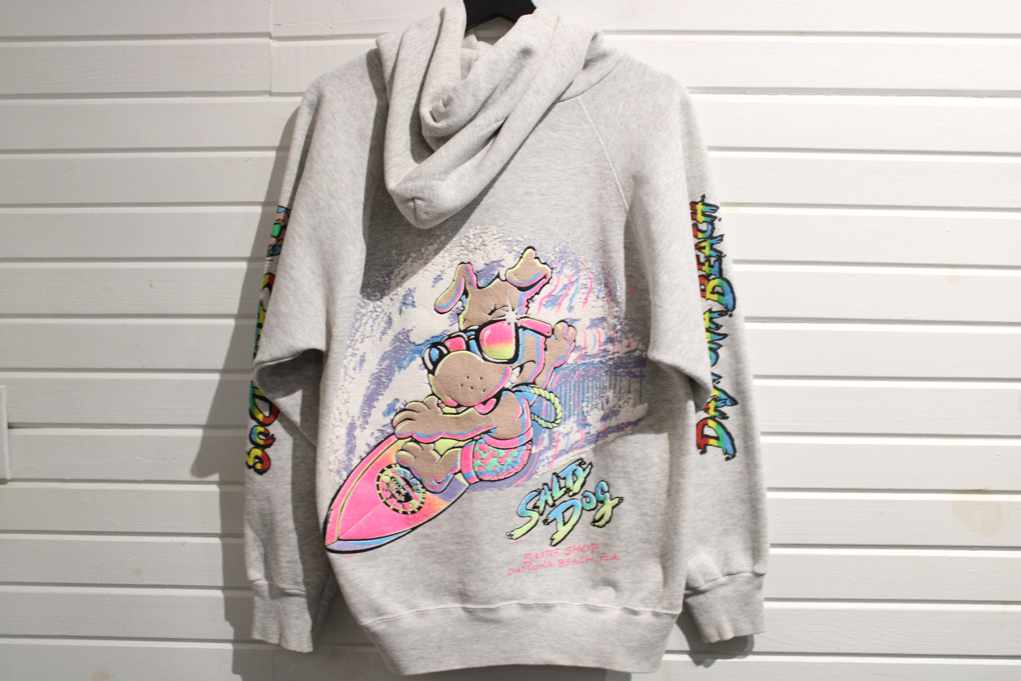 Salty-Dog Surf Shop Hoodie | Vintage 1990s Daytona Beach Graphic Pullover | Cartoon Dog Sweatshirt
