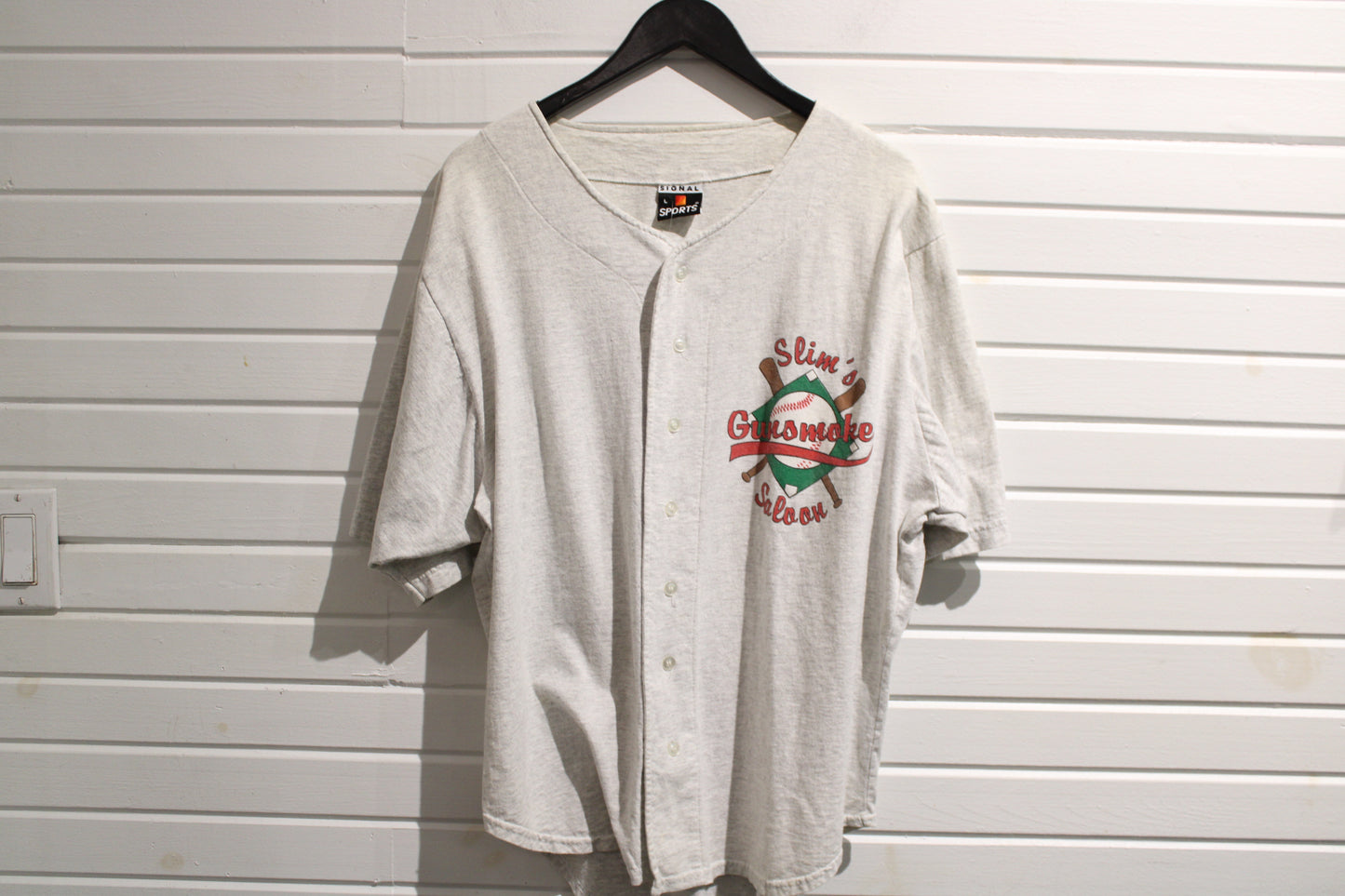 Slim's Gunsmoke Saloon Baseball Jersey | Vintage Graphic Button-Up Shirt | Sports Team Top