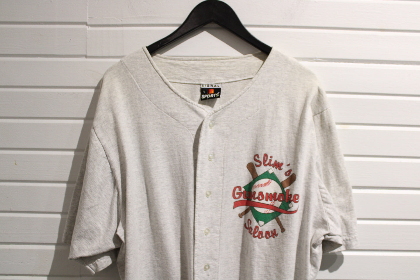 Slim's Gunsmoke Saloon Baseball Jersey | Vintage Graphic Button-Up Shirt | Sports Team Top