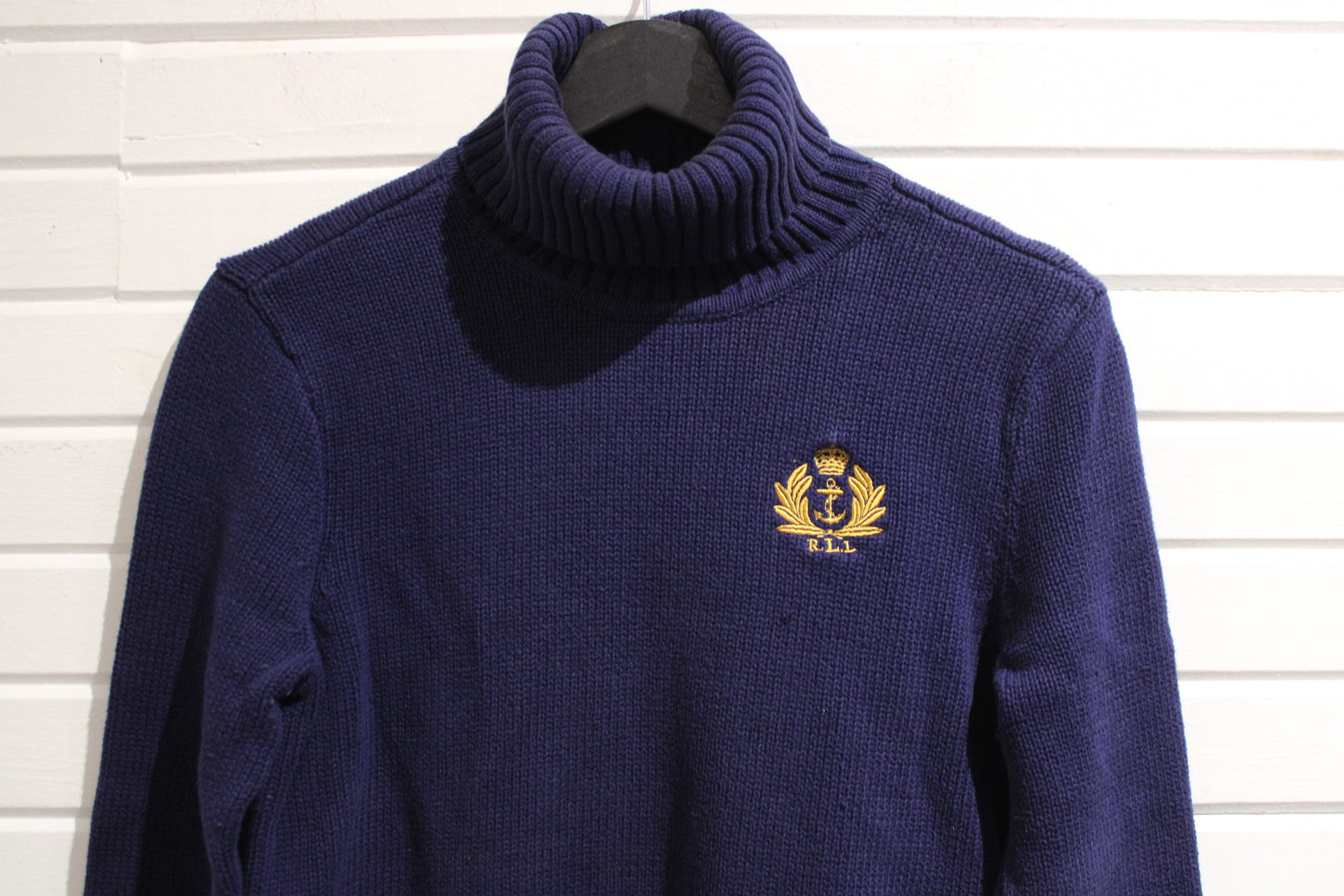 Vintage Lauren-Jeans-Co Ralph-Lauren Turtle-Neck Sweater | Embroidered Crest Knit | Classic Preppy Pullover