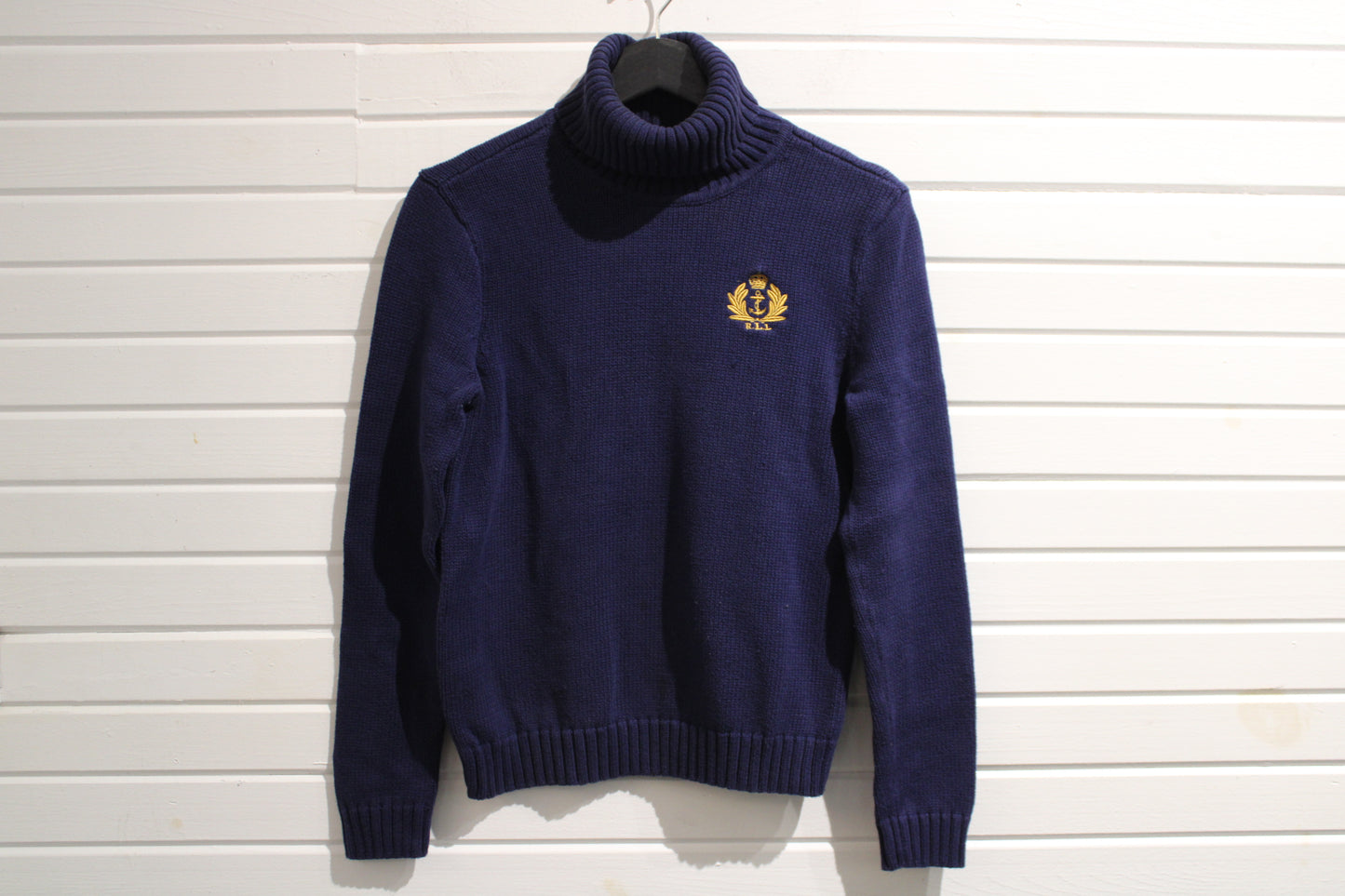 Vintage Lauren-Jeans-Co Ralph-Lauren Turtle-Neck Sweater | Embroidered Crest Knit | Classic Preppy Pullover
