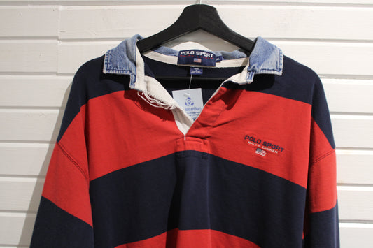 Polo Sport Ralph-Lauren Rugby Shirt | Vintage 1990s Denim Collar Block Stripe Top | Classic Sportswear