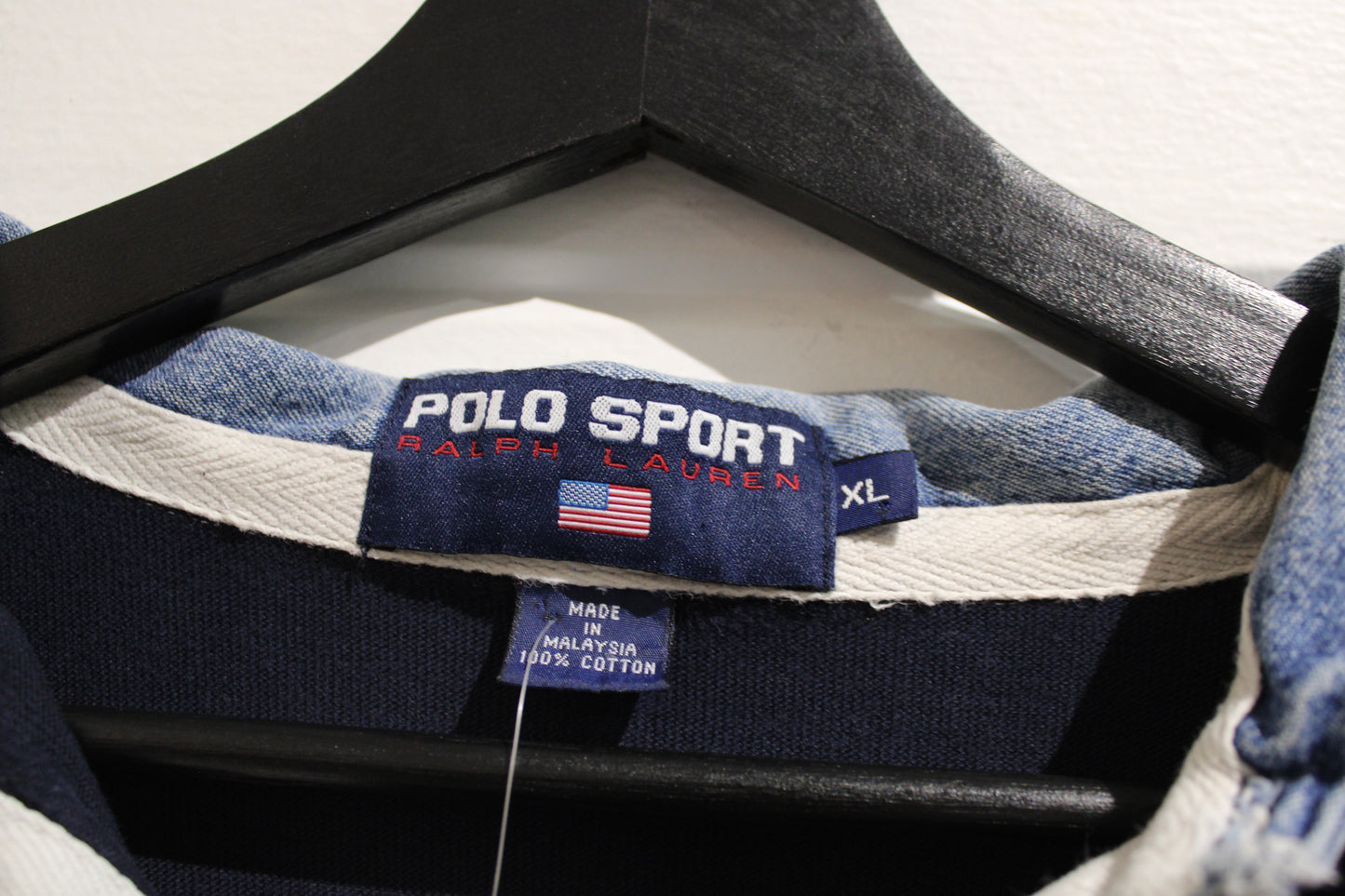 Polo Sport Ralph-Lauren Rugby Shirt | Vintage 1990s Denim Collar Block Stripe Top | Classic Sportswear