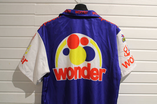 Wonder Racing Shirt | Vintage 2000s NASCAR Replica Pit Crew Button-Up | Multicolor Graphic Short Sleeve Shirt