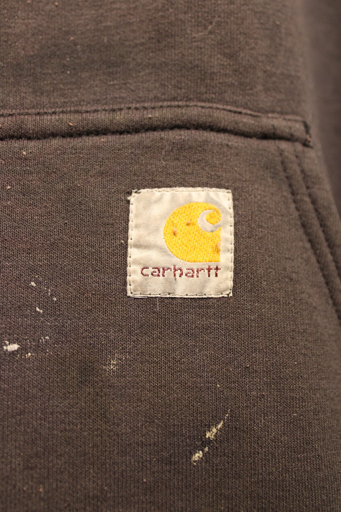 Carhartt Hoodie | Vintage Workwear Pullover | Faded Black Paint-Splatter Sweatshirt | Rugged Outdoor Clothing
