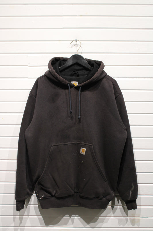 Carhartt Hoodie | Vintage Workwear Pullover | Faded Black Paint-Splatter Sweatshirt | Rugged Outdoor Clothing