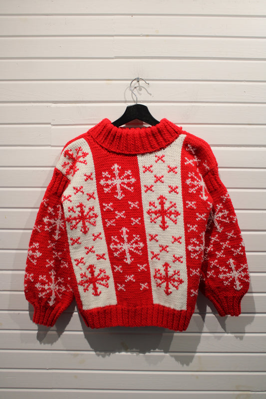 Hand-Knit Snowflake Sweater | Vintage 1980s Holiday Knit Pullover | Chunky Red and White Winter Jumper
