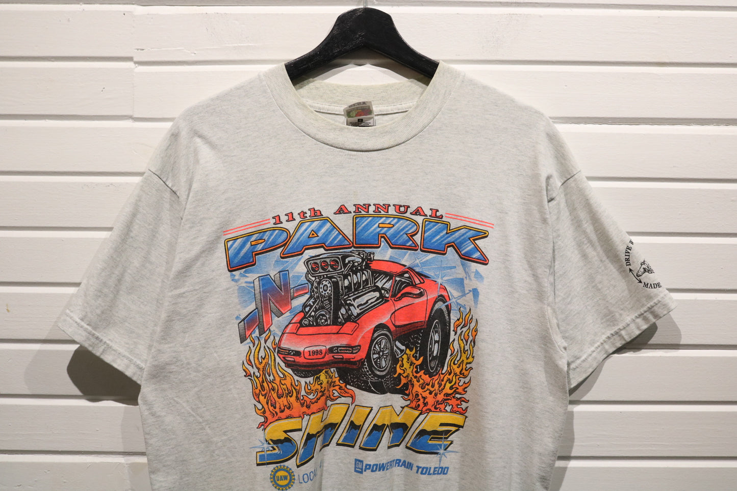 Park-N-Shine Car Show T-Shirt | Vintage 1998 Graphic Flame Muscle Car Tee | GM Powertrain Toledo Event Shirt