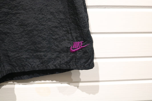 Nike Crinkle Shorts | Vintage 1990s Black-Purple Logo Athletic Shorts | Retro Sportswear Essential