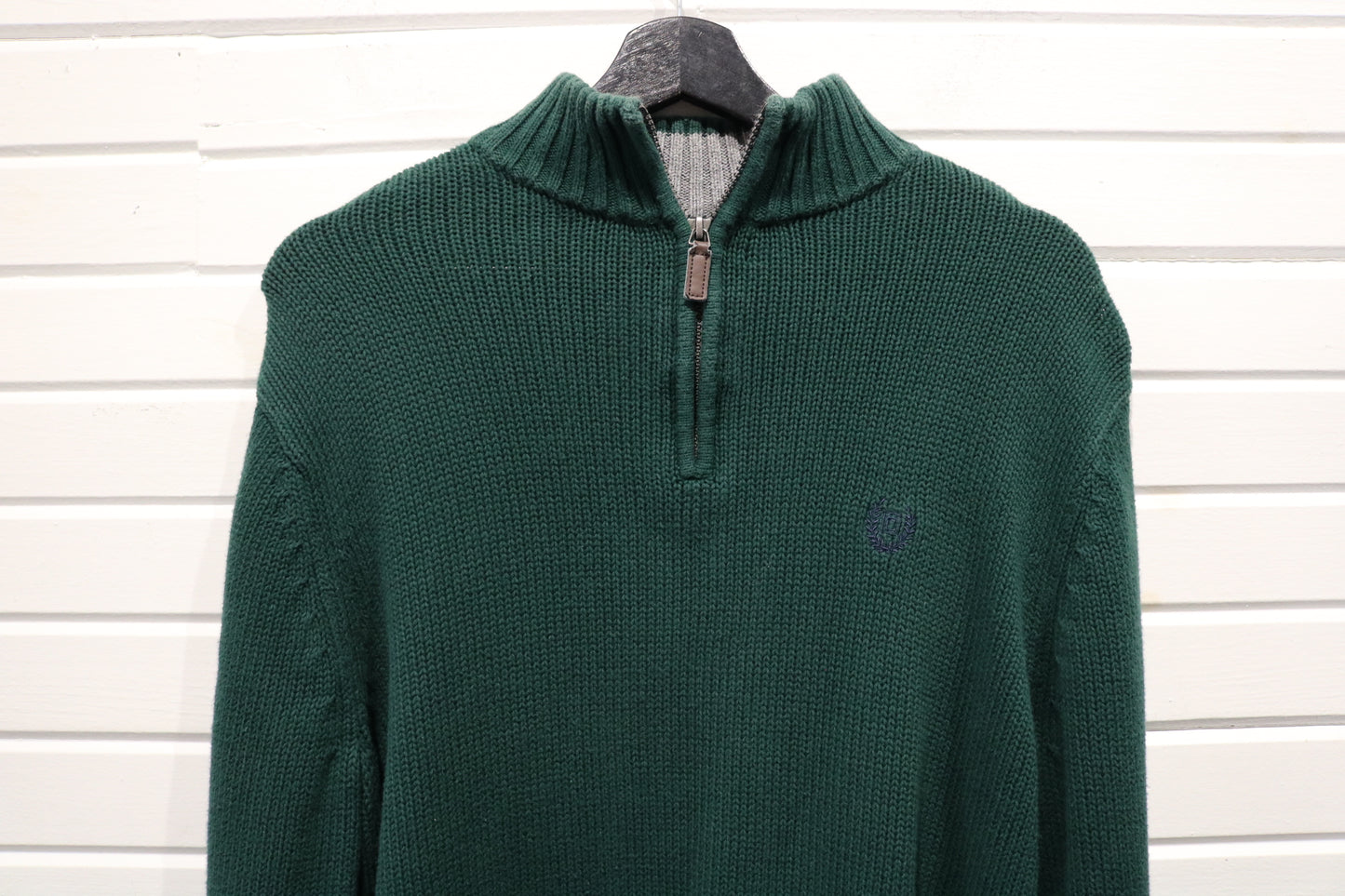Chaps Knit Sweater | Vintage Half-Zip Green Pullover Sweater | Classic Ribbed Collar Knitwear