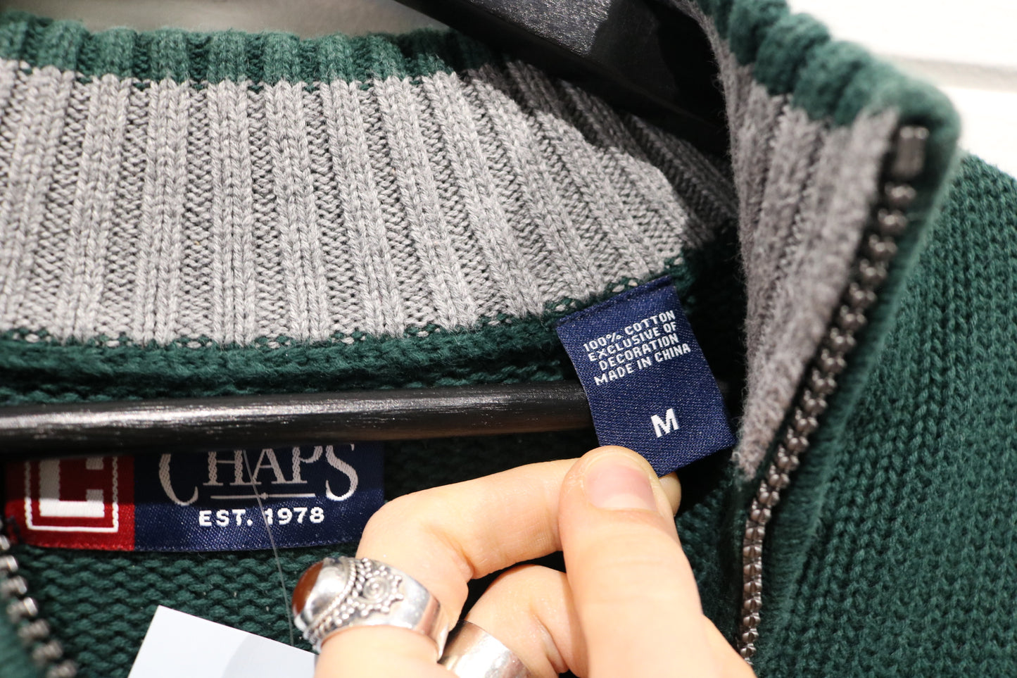 Chaps Knit Sweater | Vintage Half-Zip Green Pullover Sweater | Classic Ribbed Collar Knitwear