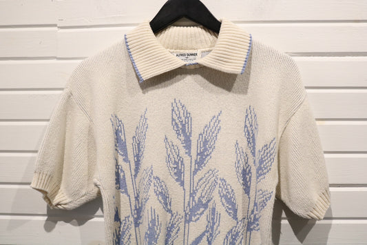 Alfred-Dunner Knit Polo Sweater | Vintage 1980s Short Sleeve Wheat Motif Top | Retro Casual Pullover