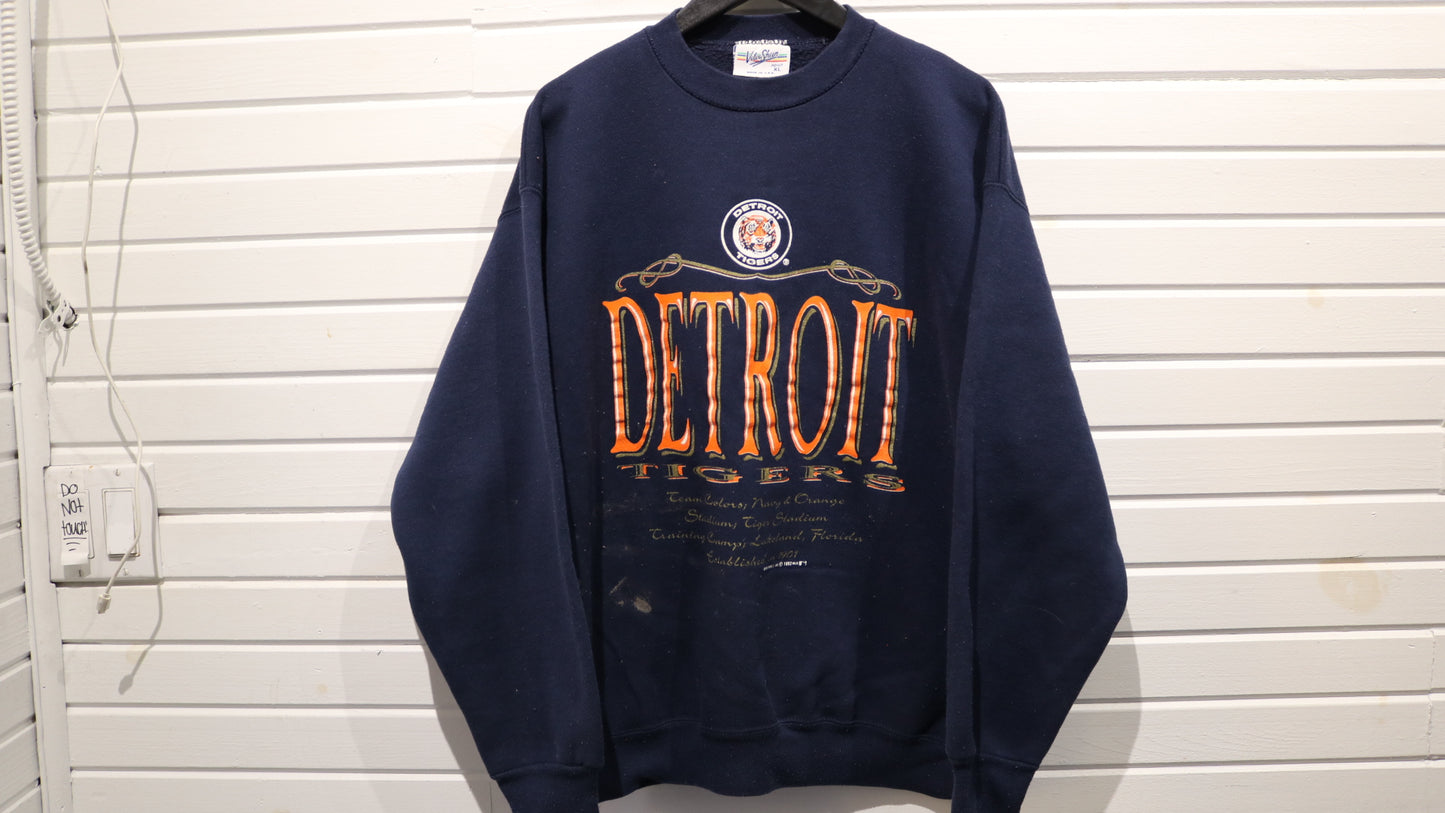 Detroit-Tigers Sweater | Vintage 90s Baseball Crewneck | Navy Graphic Pullover Sportswear | XL Fan Apparel