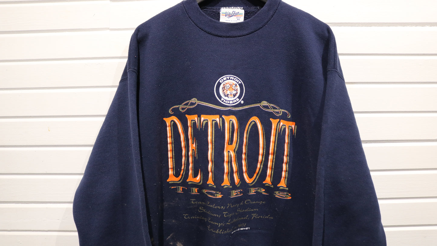 Detroit-Tigers Sweater | Vintage 90s Baseball Crewneck | Navy Graphic Pullover Sportswear | XL Fan Apparel