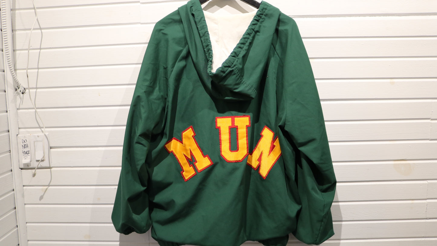 MUN Hooded Jacket | Vintage 90s Oversized Snap-Front Green Parka | Classic Collegiate Outerwear