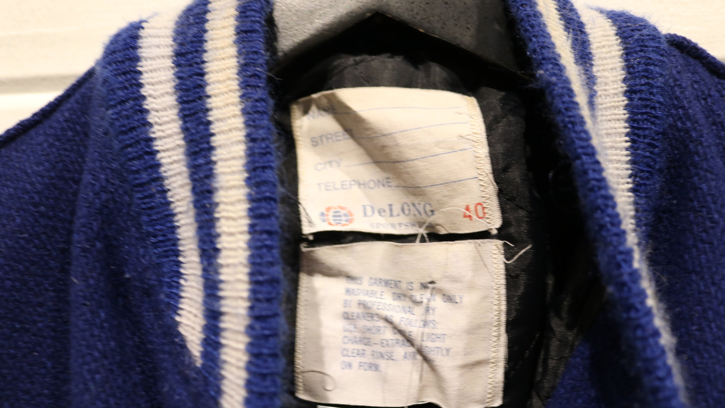 DeLong Varsity Jacket | Vintage 80s Blue Wool Leather Sleeve Letterman Coat | Classic Sportswear
