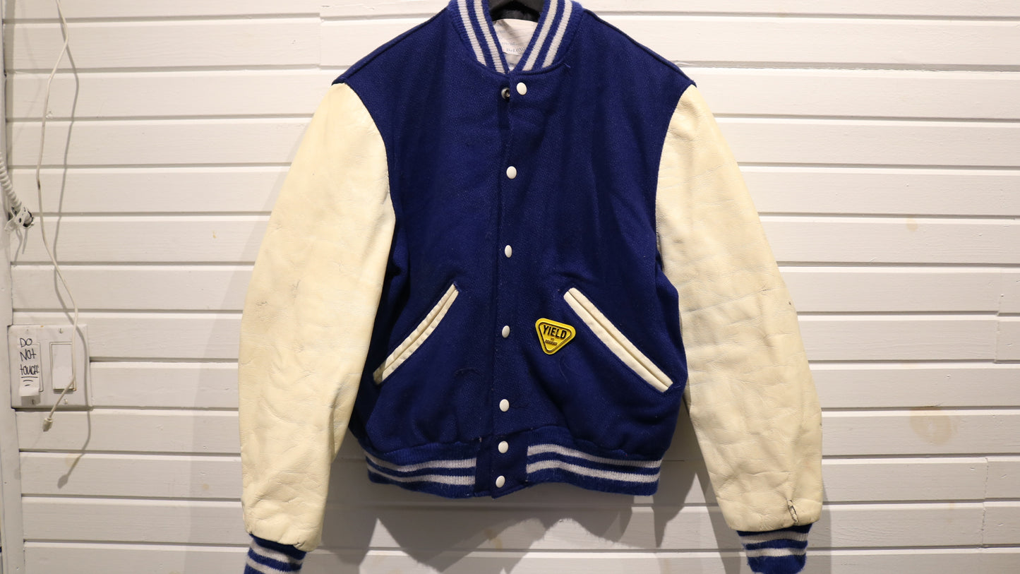 DeLong Varsity Jacket | Vintage 80s Blue Wool Leather Sleeve Letterman Coat | Classic Sportswear