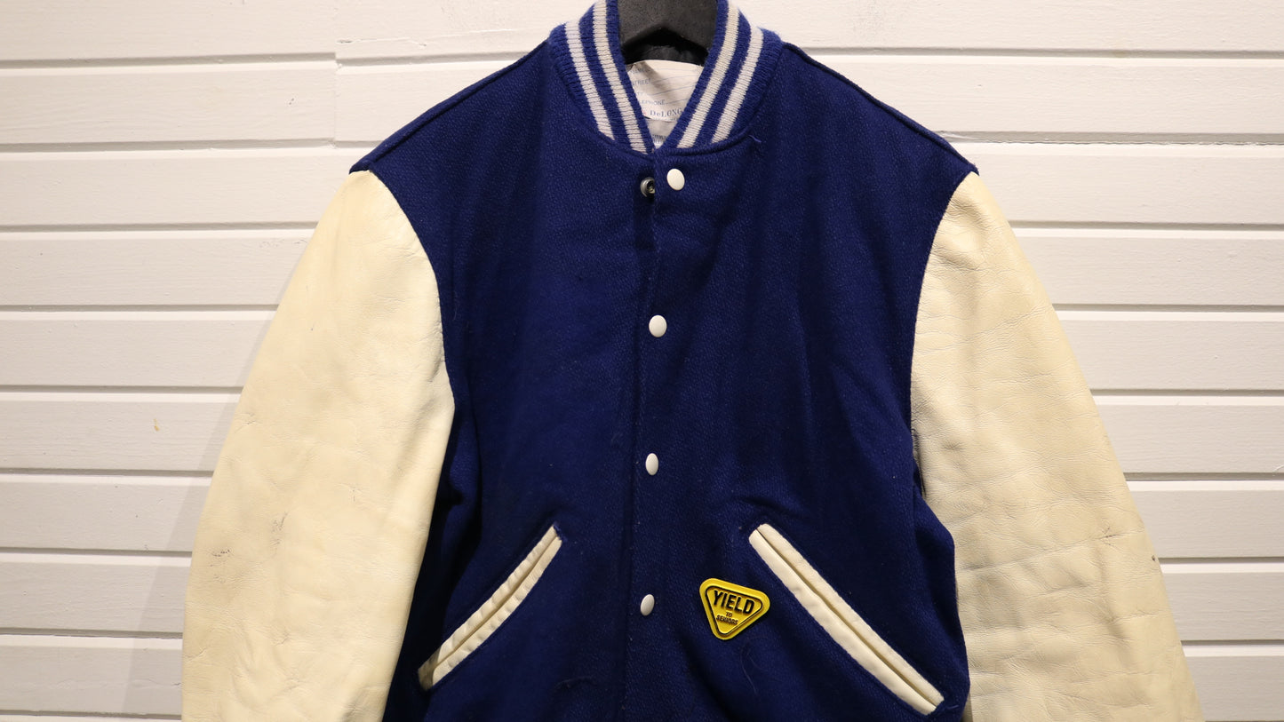 DeLong Varsity Jacket | Vintage 80s Blue Wool Leather Sleeve Letterman Coat | Classic Sportswear