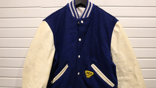 DeLong Varsity Jacket | Vintage 80s Blue Wool Leather Sleeve Letterman Coat | Classic Sportswear