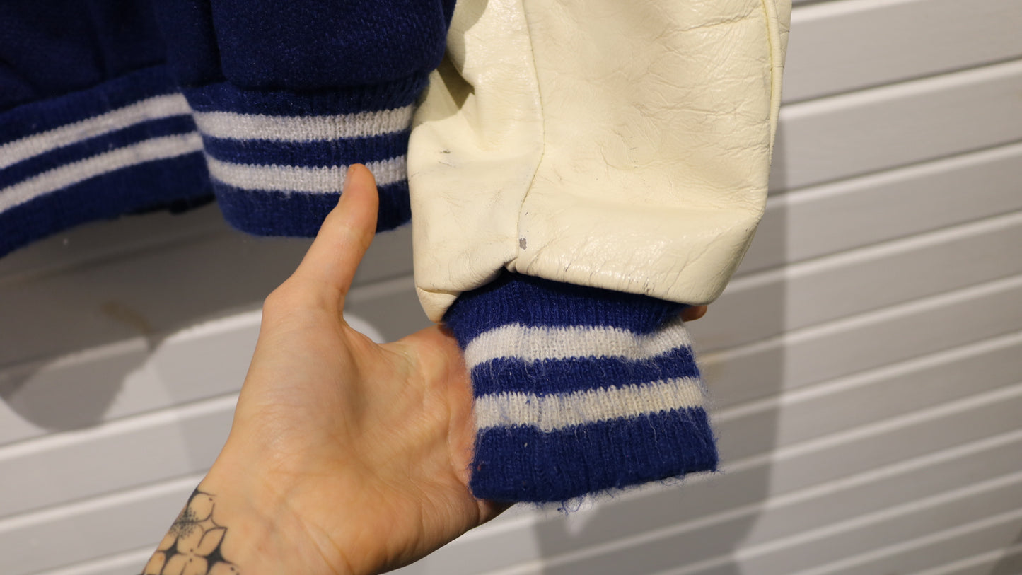 DeLong Varsity Jacket | Vintage 80s Blue Wool Leather Sleeve Letterman Coat | Classic Sportswear