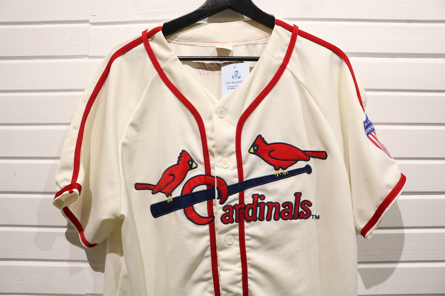 Cardinals Baseball Jersey | Vintage 2000s Cream Button-Up Short Sleeve MLB Jersey | Patriotic Sleeve Patch