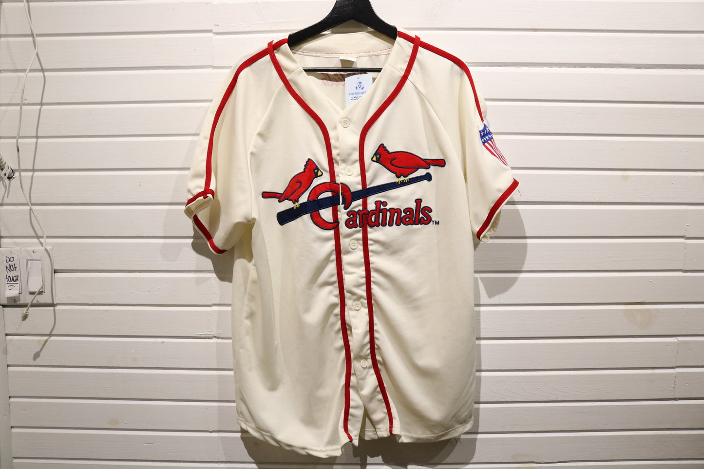 Cardinals Baseball Jersey | Vintage 2000s Cream Button-Up Short Sleeve MLB Jersey | Patriotic Sleeve Patch