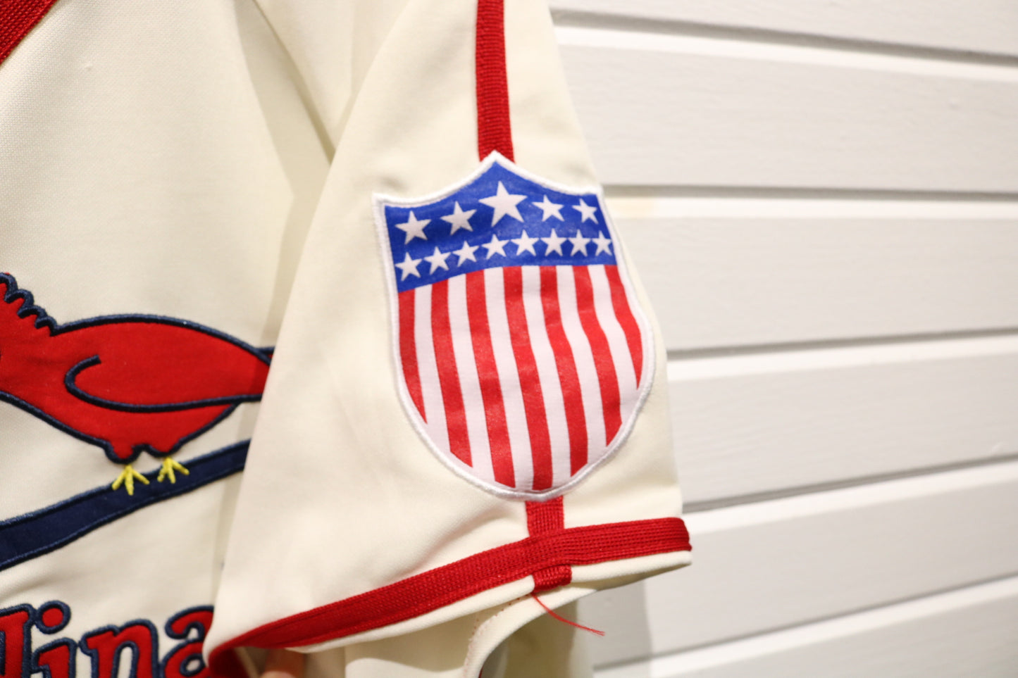 Cardinals Baseball Jersey | Vintage 2000s Cream Button-Up Short Sleeve MLB Jersey | Patriotic Sleeve Patch
