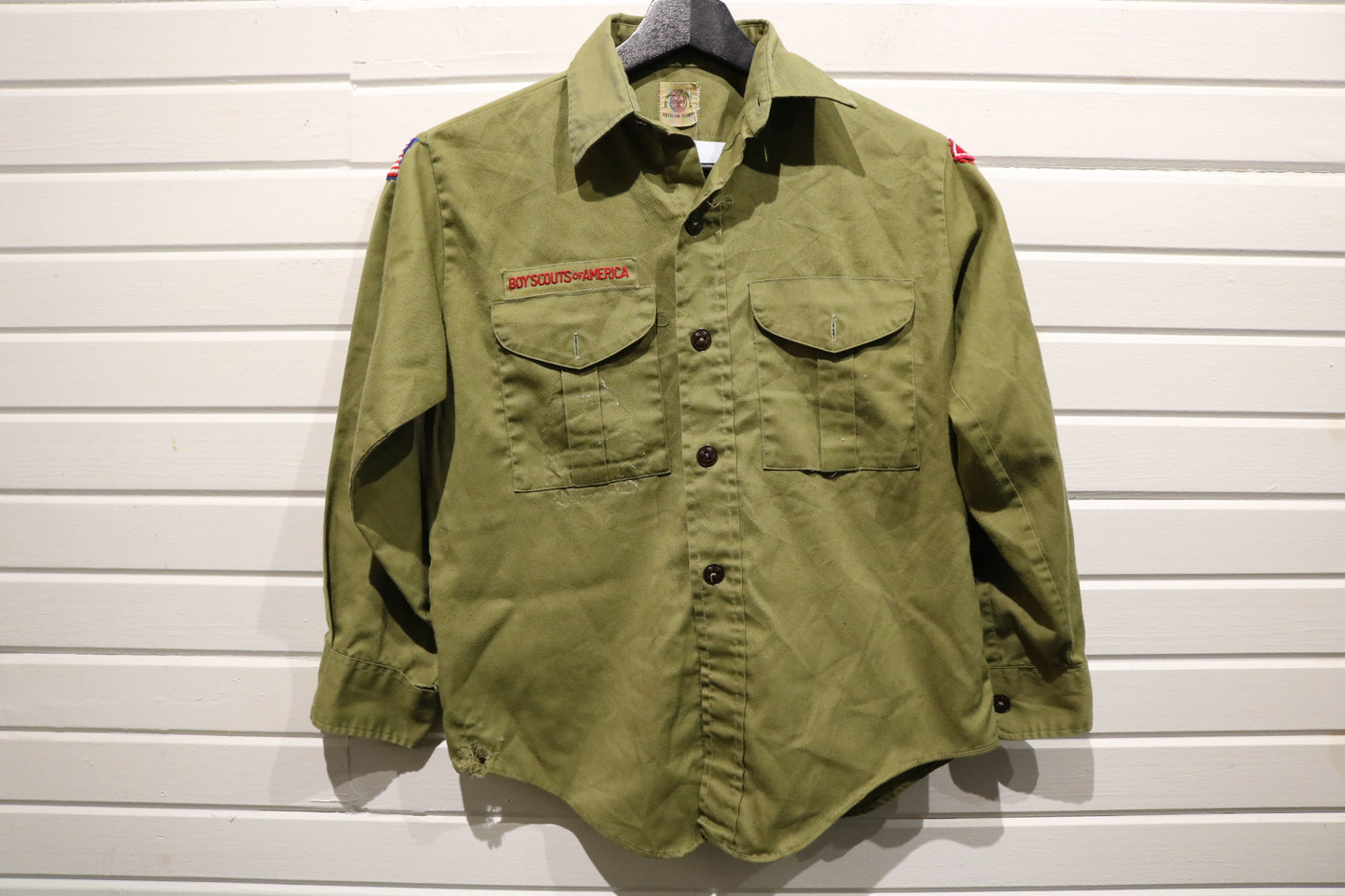 Vintage Boy-Scouts-of-America Uniform Shirt | 1960s Scout Patch Button-Up Top | Classic Outdoor Youthwear