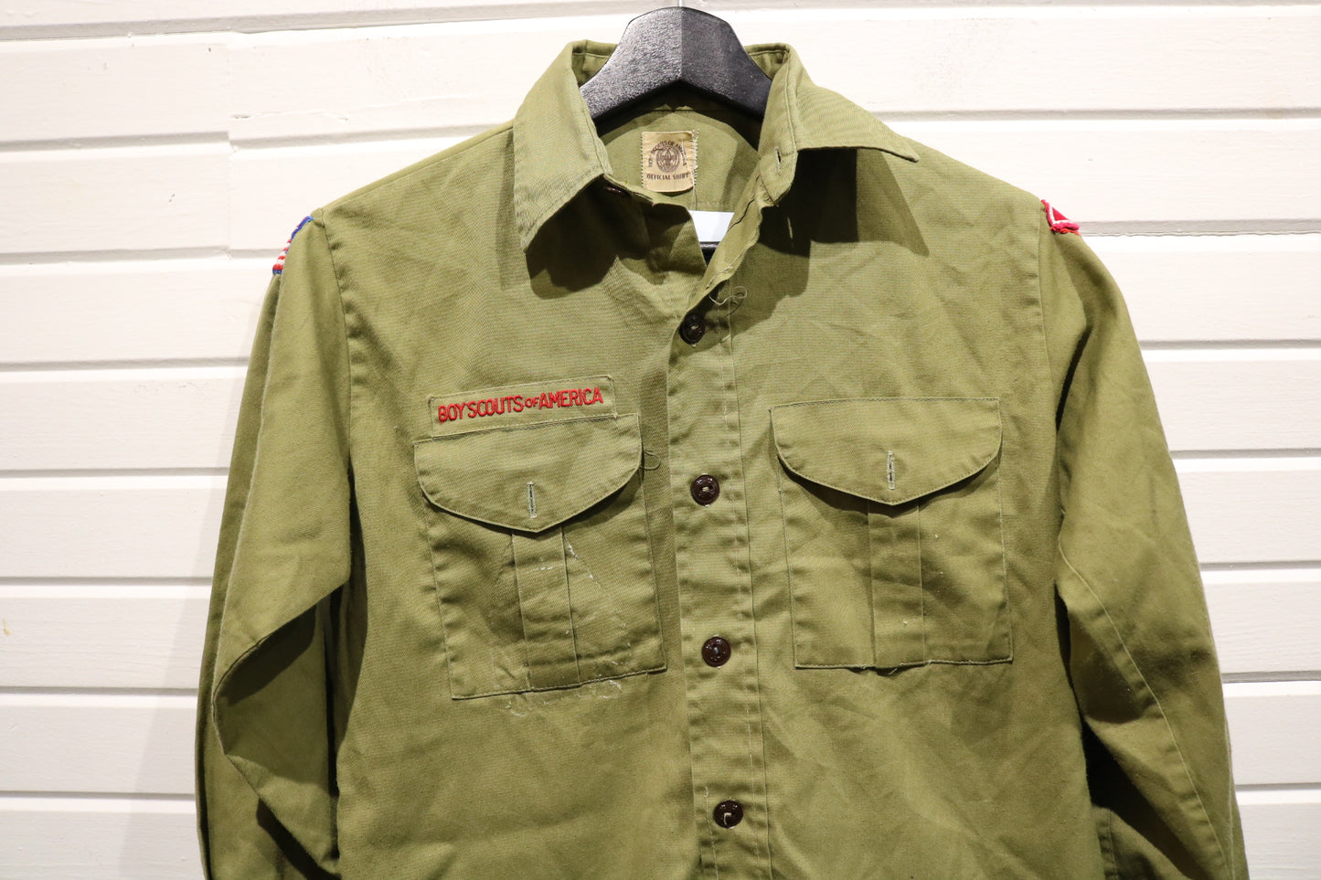 Vintage Boy-Scouts-of-America Uniform Shirt | 1960s Scout Patch Button-Up Top | Classic Outdoor Youthwear