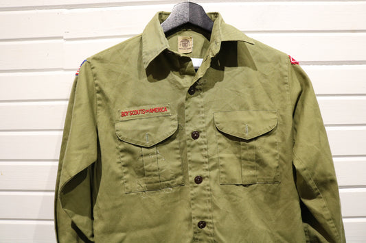 Vintage Boy-Scouts-of-America Uniform Shirt | 1960s Scout Patch Button-Up Top | Classic Outdoor Youthwear