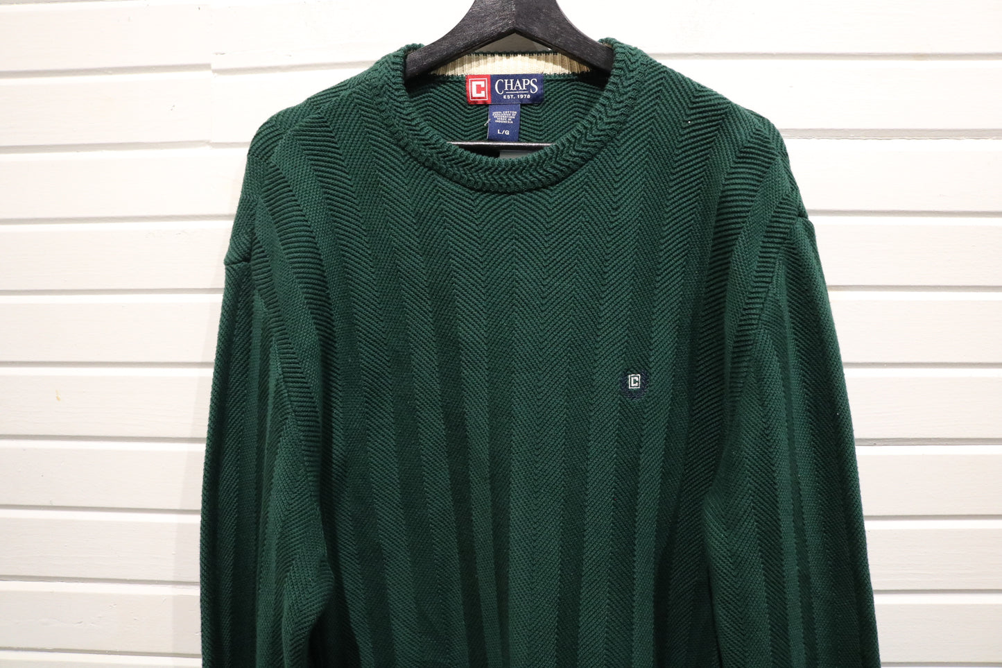 Chaps Knit Sweater | Vintage Textured Pullover Crewneck | Preppy Green Cotton Knitwear
