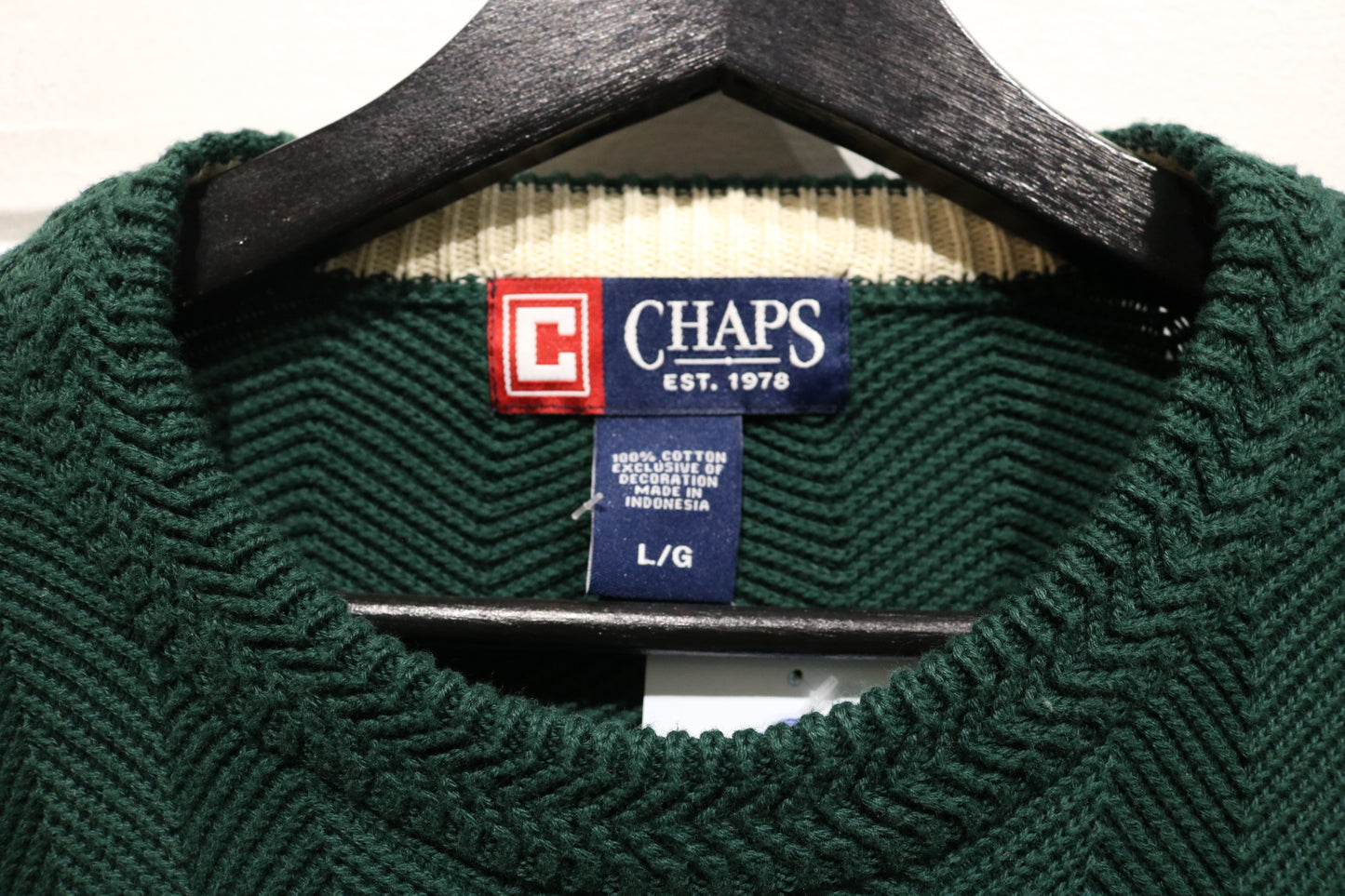 Chaps Knit Sweater | Vintage Textured Pullover Crewneck | Preppy Green Cotton Knitwear