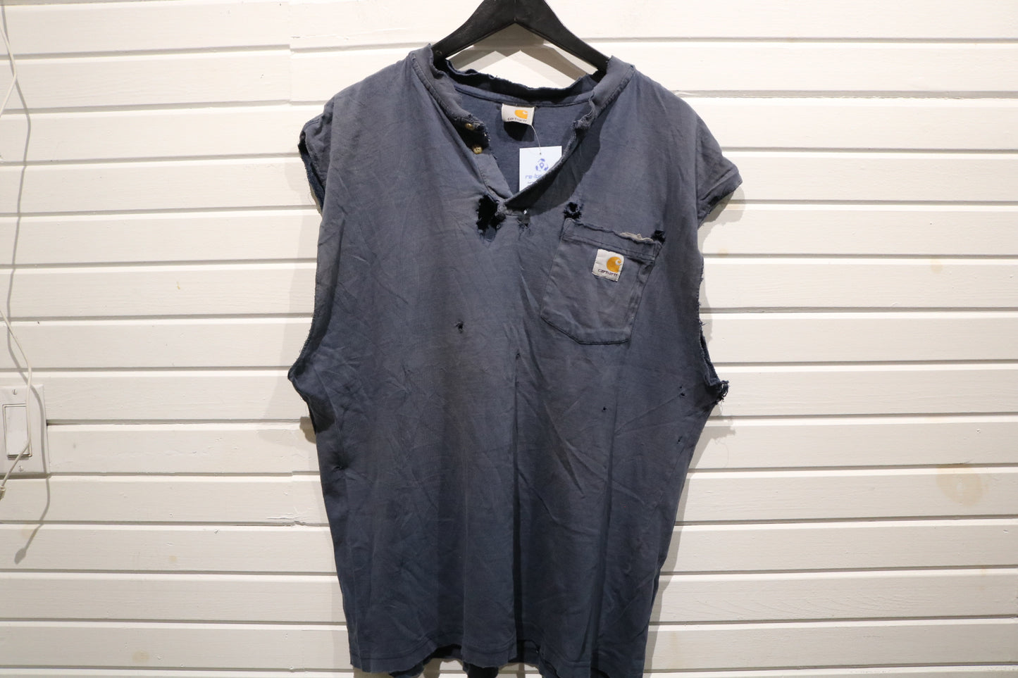 Carhartt Sleeveless Henley Shirt | Vintage Distressed Workwear Muscle Tee | Faded Blue Utility Top
