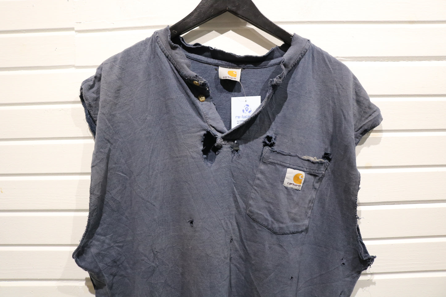 Carhartt Sleeveless Henley Shirt | Vintage Distressed Workwear Muscle Tee | Faded Blue Utility Top