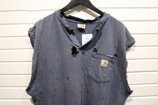 Carhartt Sleeveless Henley Shirt | Vintage Distressed Workwear Muscle Tee | Faded Blue Utility Top